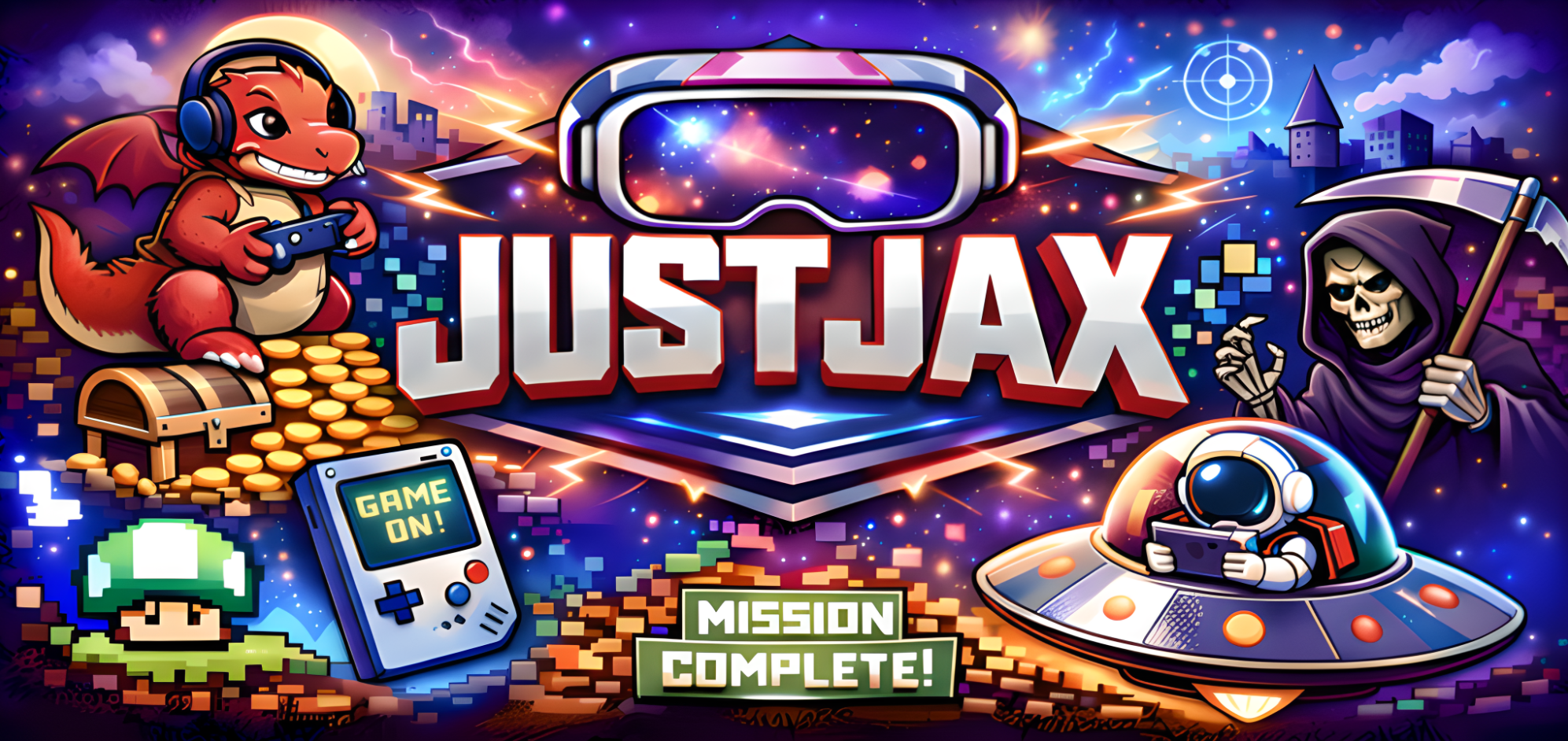 JustJax Gaming Brand Banner JustJax Gaming UK family-friendly VR-inspired gaming brand banner